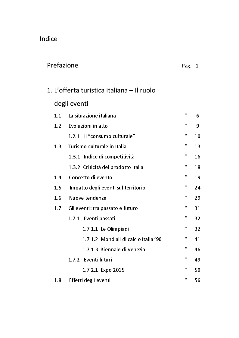 Indice della tesi: L’organizzazione degli eventi. Caso “Milano Food Week 2012”, Pagina 1