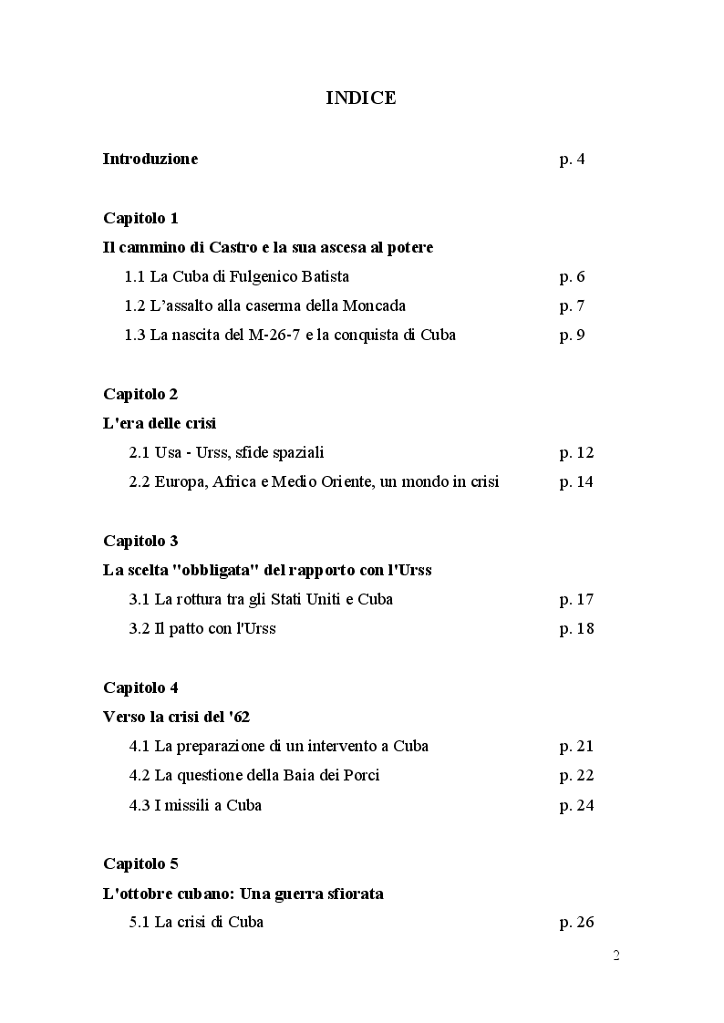 Indice della tesi: La Crisi di Cuba vista dai principali quotidiani, Pagina 1