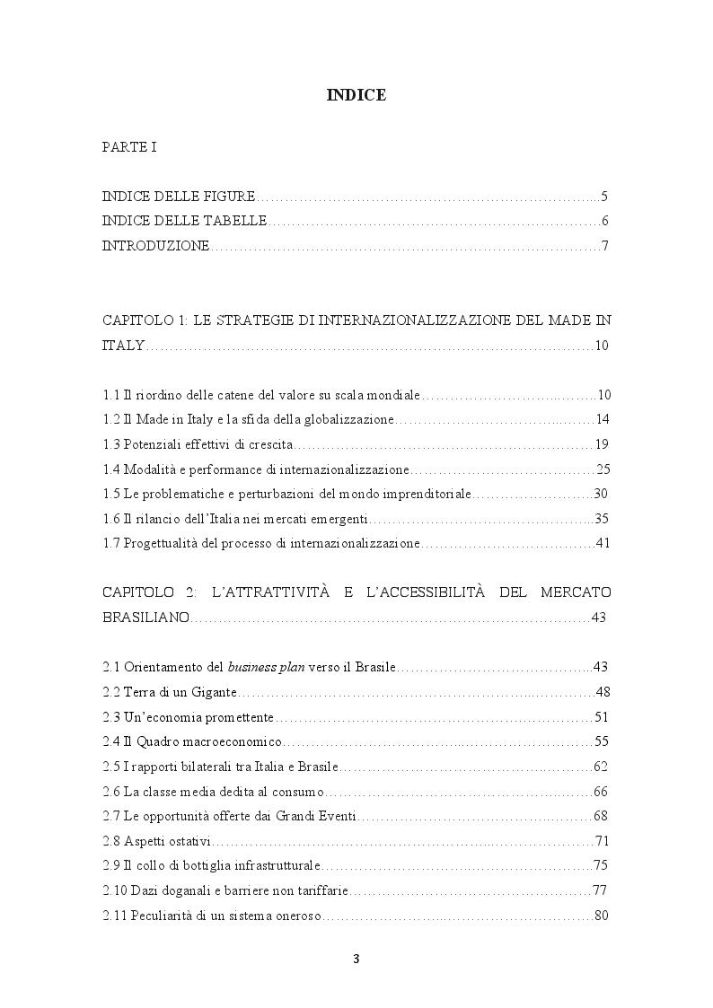 Indice della tesi: L'internazionalizzazione del Made in Italy. Un'indagine sulla presenza italiana nel mercato brasiliano., Pagina 1