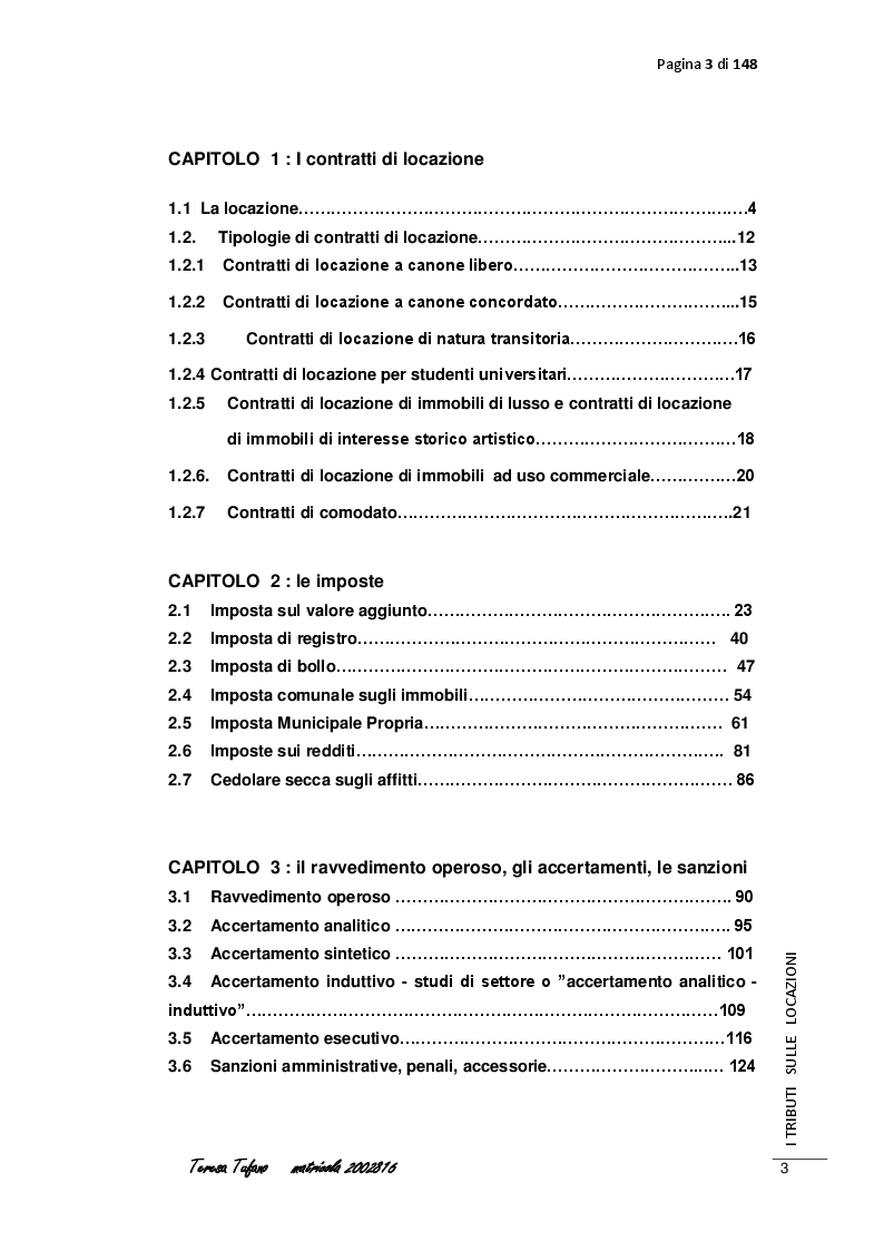 Indice della tesi: I tributi sulle locazioni, Pagina 1