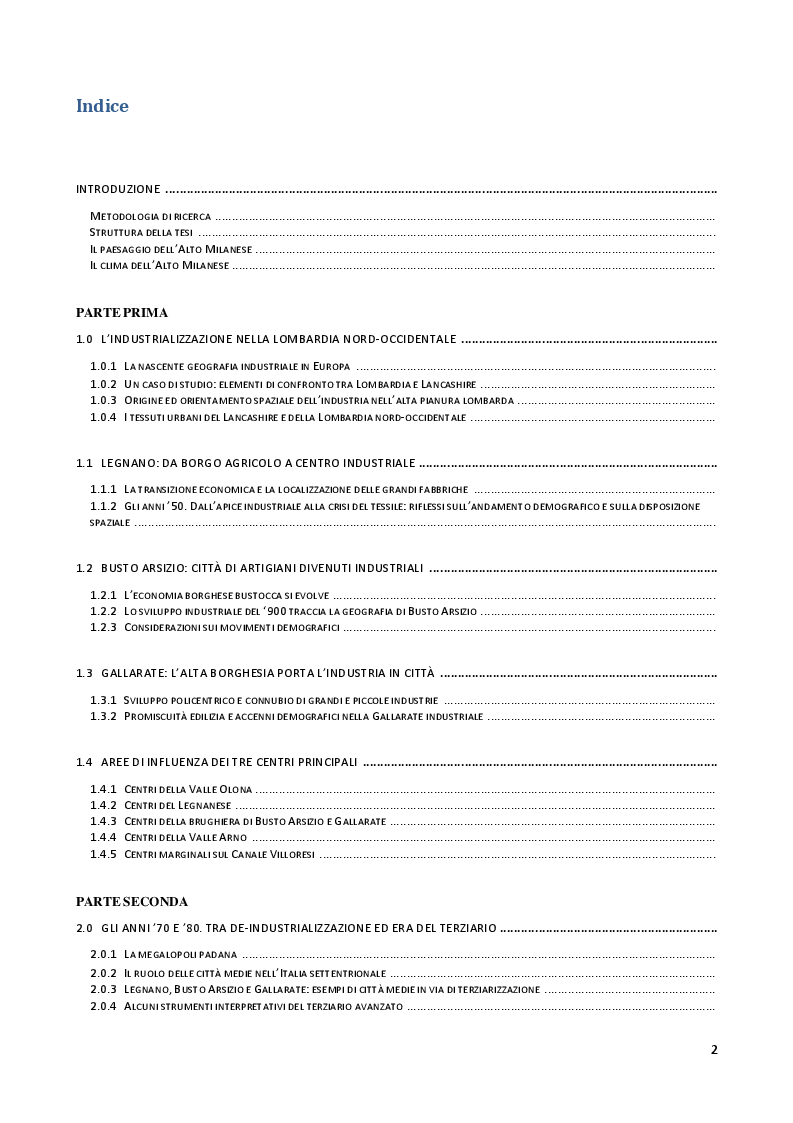 Indice della tesi: Analisi geografico-storica della Conurbazione Legnano - Busto Arsizio - Gallarate nel contesto socioeconomico locale, Pagina 1