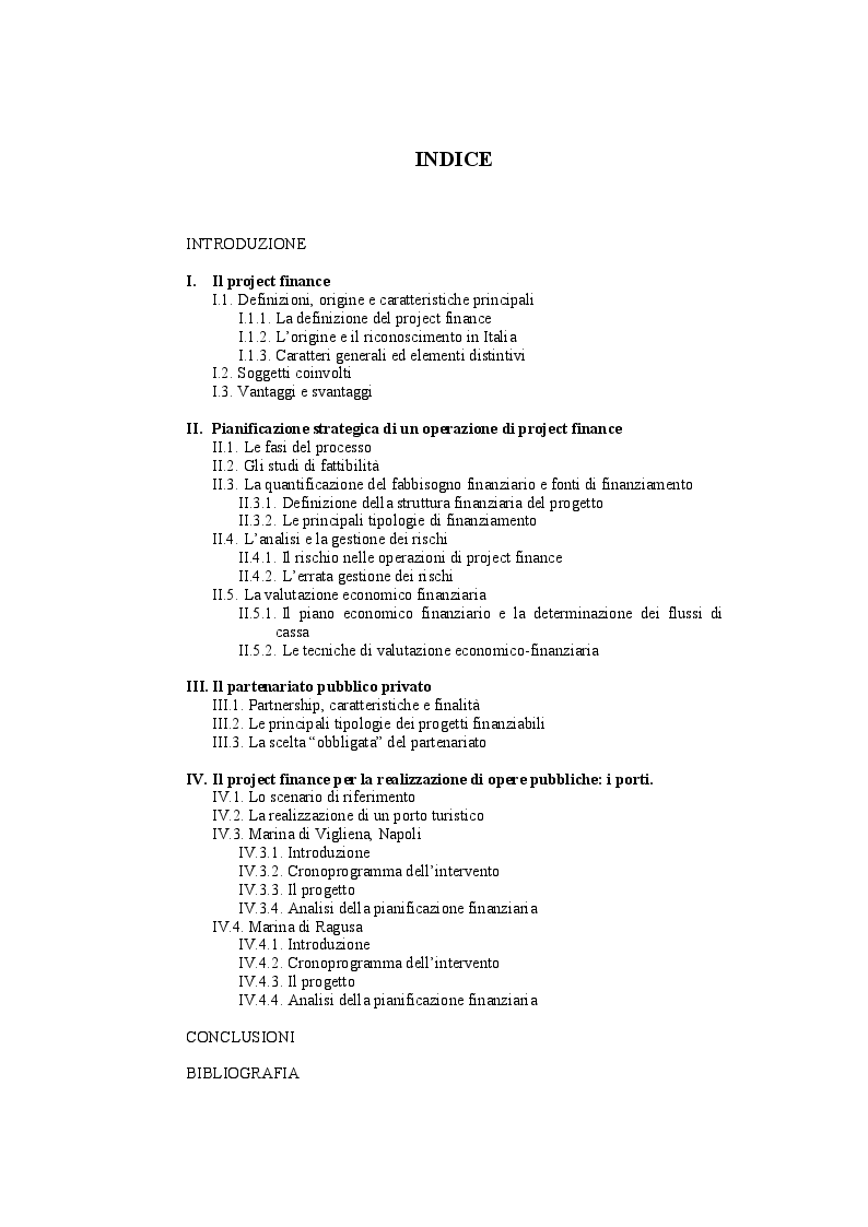 Indice della tesi: Il project finance, Pagina 1