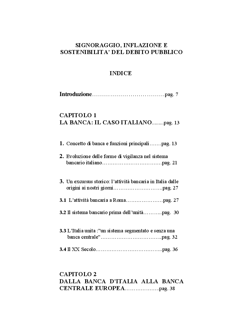 Indice della tesi: Signoraggio, inflazione e sostenibilità del debito pubblico, Pagina 1