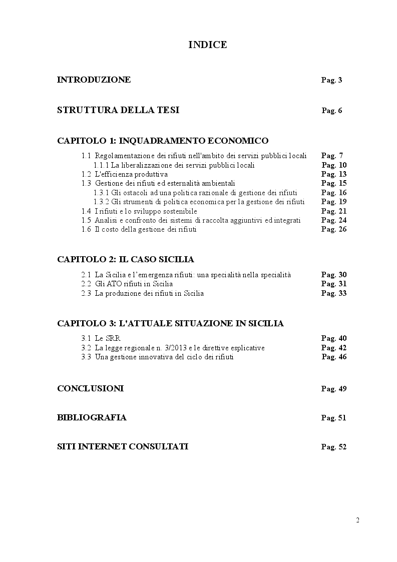 Indice della tesi: La gestione dei rifiuti: il caso siciliano, Pagina 1