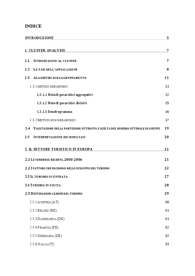 Indice della tesi: La cluster analysis: aspetti teorici ed applicazione nel settore turistico, Pagina 1