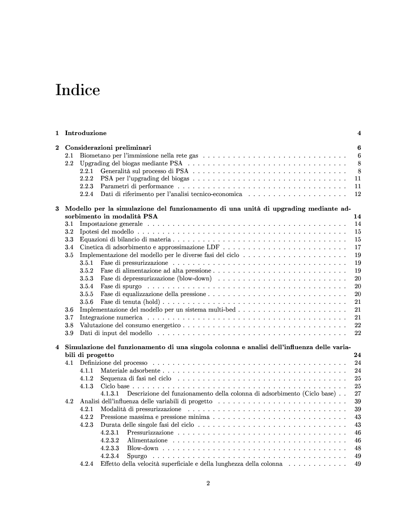 Indice della tesi: Upgrading del biogas mediante Pressure Swing Adsorption: modellizzazione ed analisi tecnico-economica, Pagina 1