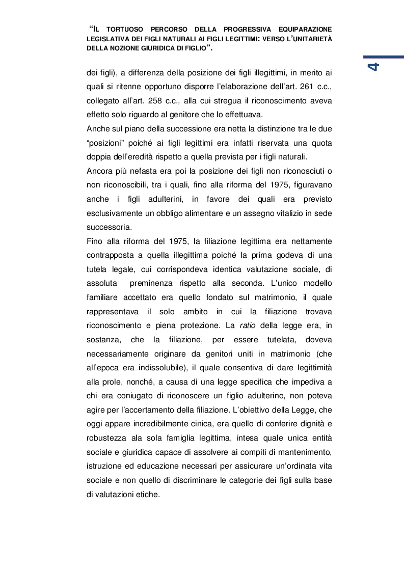 Anteprima della tesi: Il tortuoso percorso della progressiva equiparazione legislativa dei figli naturali ai figli legittimi: verso l’unitarietà della nozione giuridica di figlio, Pagina 3
