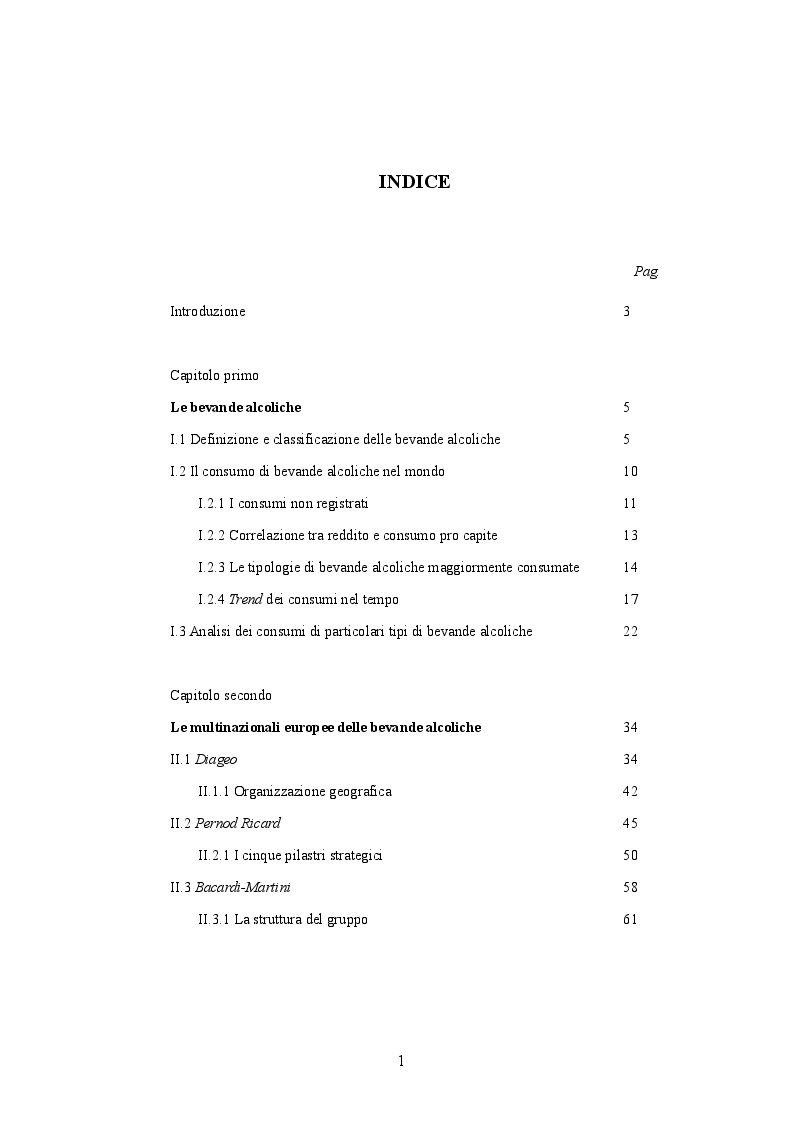 Indice della tesi: Multinazionali delle bevande alcoliche: un confronto tra Europa e America, Pagina 1