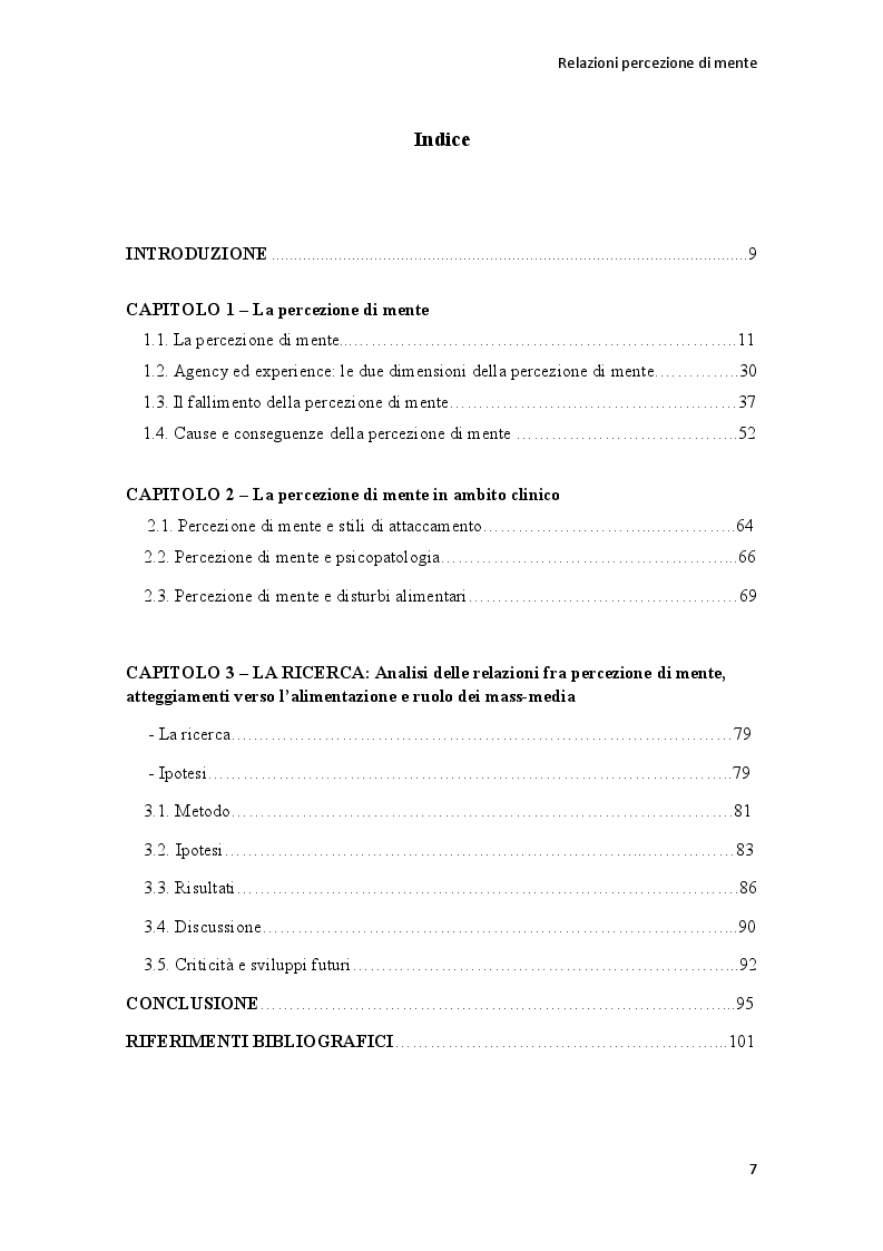 Indice della tesi: Analisi delle relazioni fra percezione di mente, disturbi alimentari e ruolo dei mass-media, Pagina 1