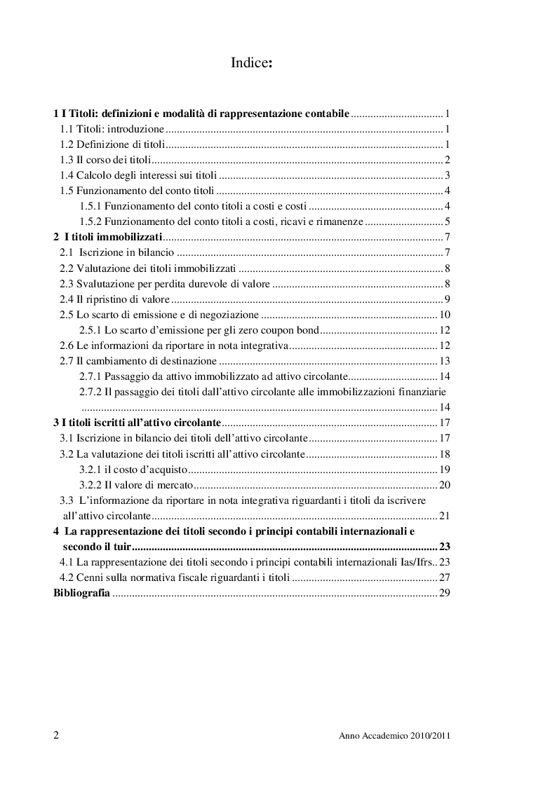 Indice della tesi: La valutazione dei titoli, Pagina 1