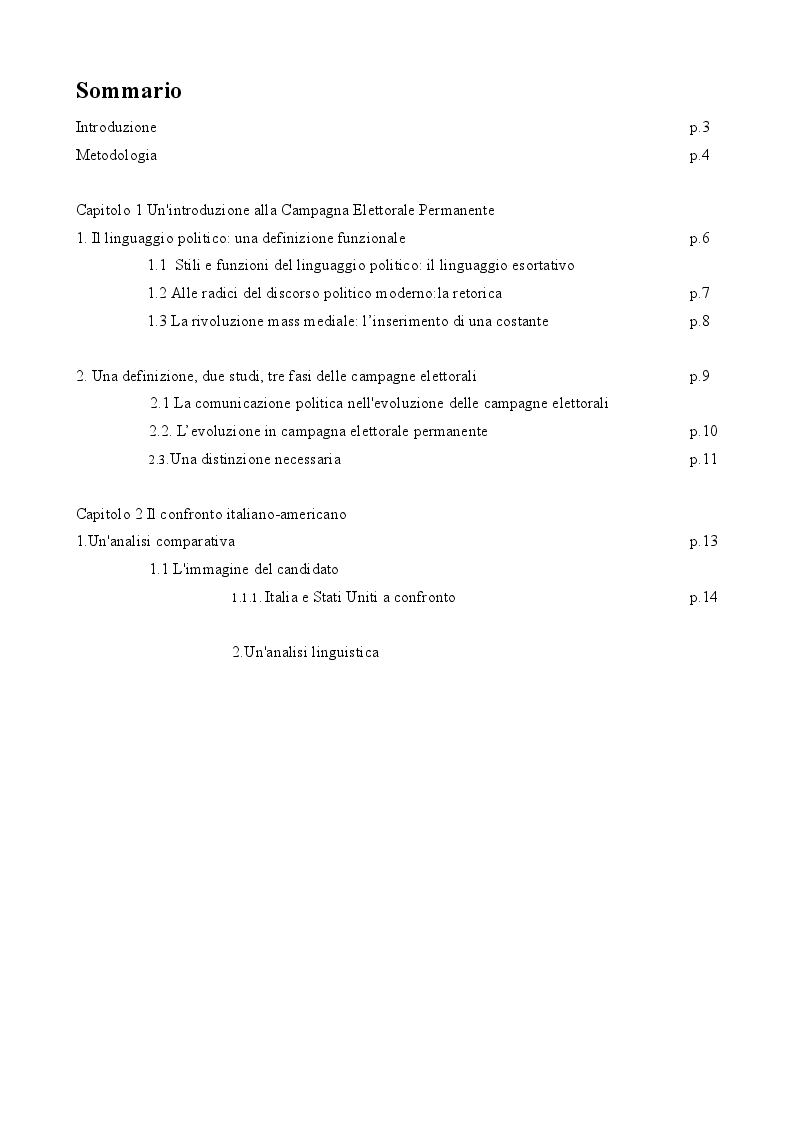 Indice della tesi: The Permanent Campaign: un'analisi comparativa italiana-americana, Pagina 1