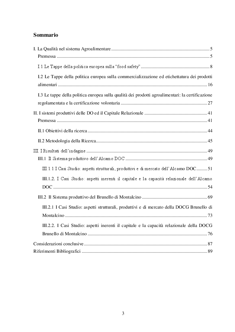 Indice della tesi: Il Capitale relazionale nei sistemi produttivi della DOCG Brunello di Montalcino e della DOC Alcamo, Pagina 1
