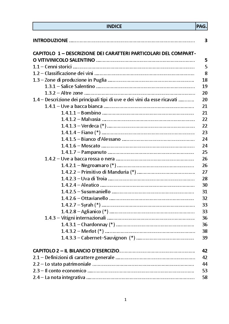 Indice della tesi: Analisi economico-finanziaria di un'azienda operante nel settore vinicolo: la società ''Azienda Vinicola Cantele s.r.l.'', Pagina 1