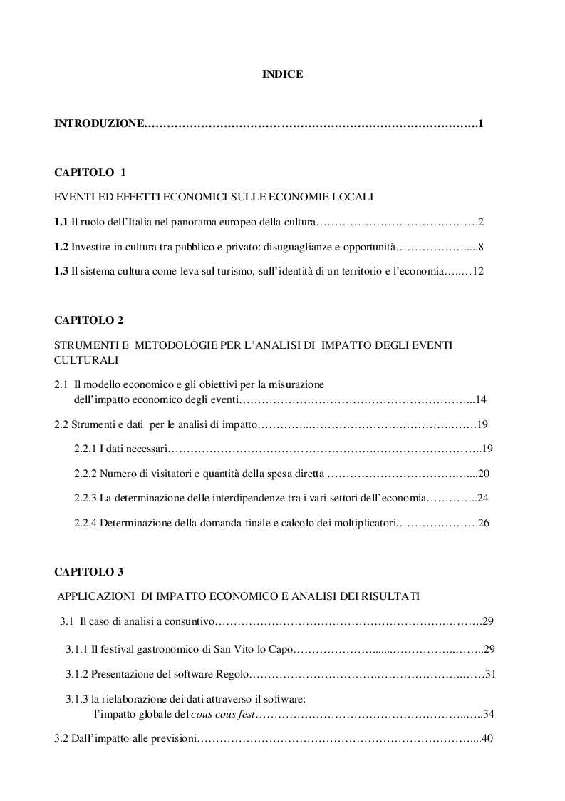 Indice della tesi: La misurabilità dell'impatto economico degli eventi culturali, Pagina 1