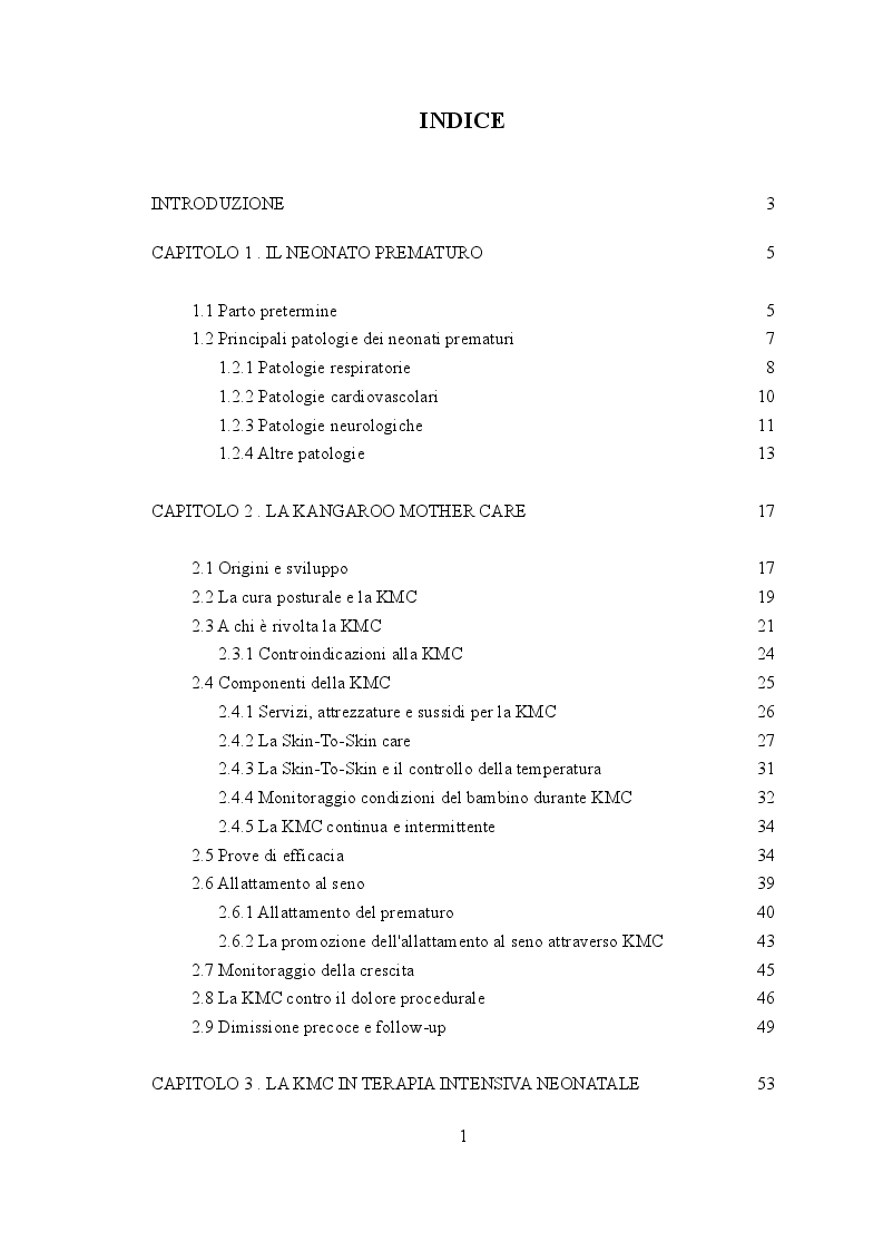 Indice della tesi: Il neonato prematuro e la Kangaroo Mother Care, Pagina 1