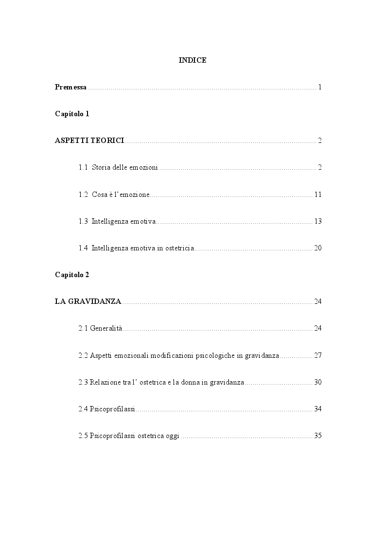 Indice della tesi: Aspetti psicologici in gravidanza: vissuto di tre generazioni, Pagina 1