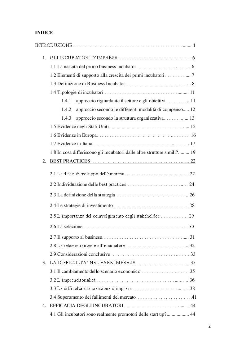 Indice della tesi: Gli incubatori come stimolo al processo innovativo. Un confronto tra le principali economie moderne, Pagina 1