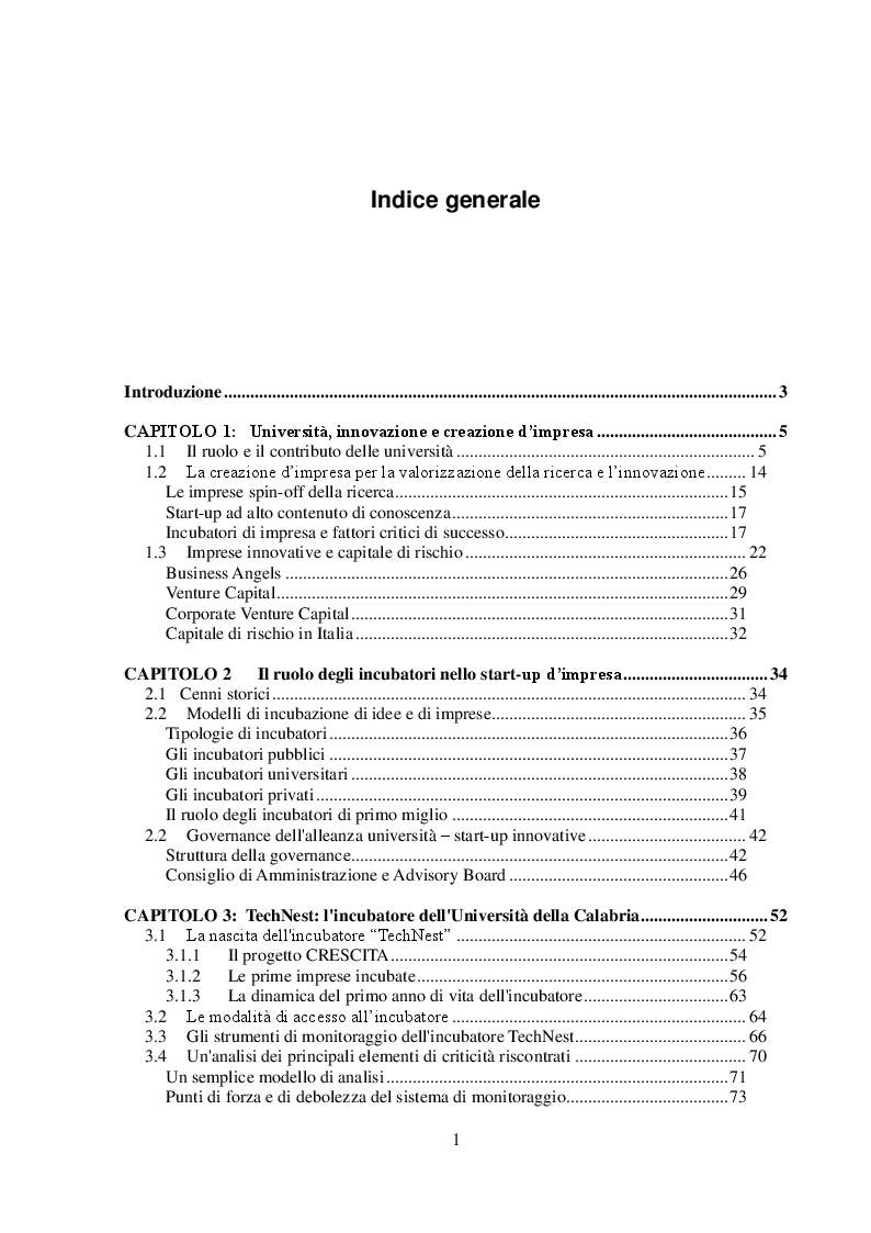 Indice della tesi: Logica di funzionamento e analisi dei processi dell’incubatore dell’Università della Calabria: "Il caso TechNest", Pagina 1
