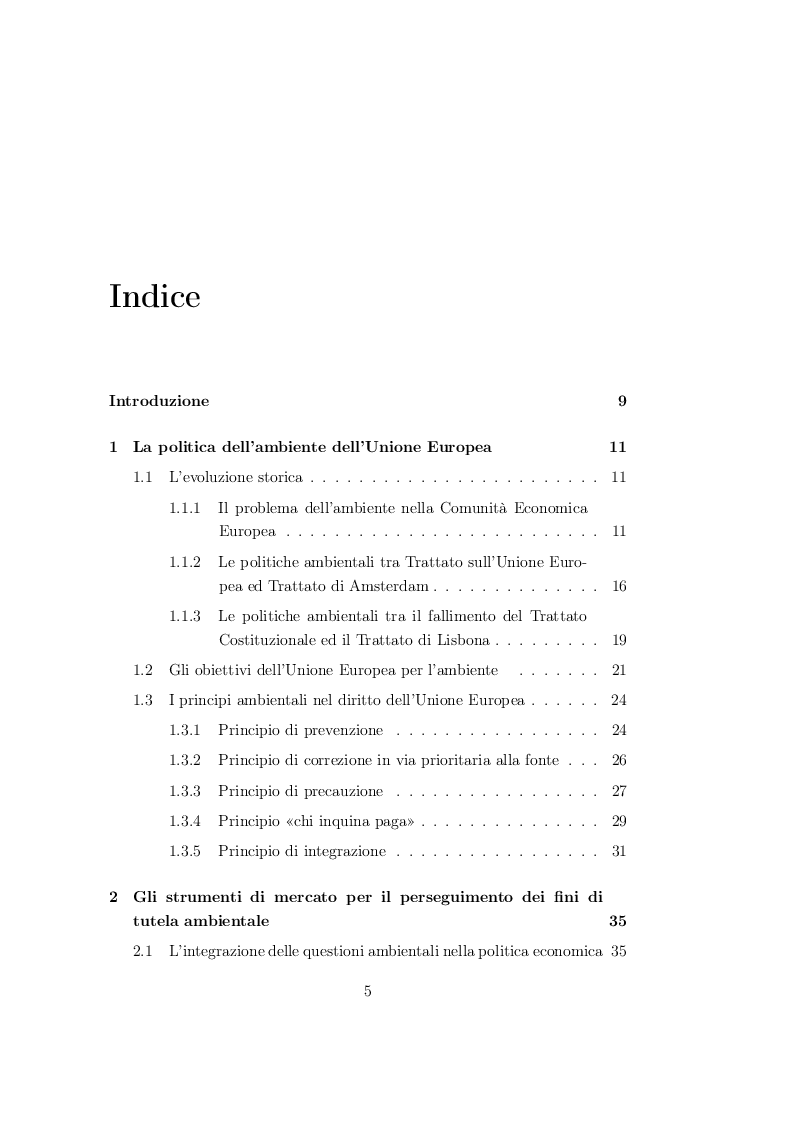 Indice della tesi: Strumenti di mercato per la tutela ambientale nell'Unione Europea, Pagina 1