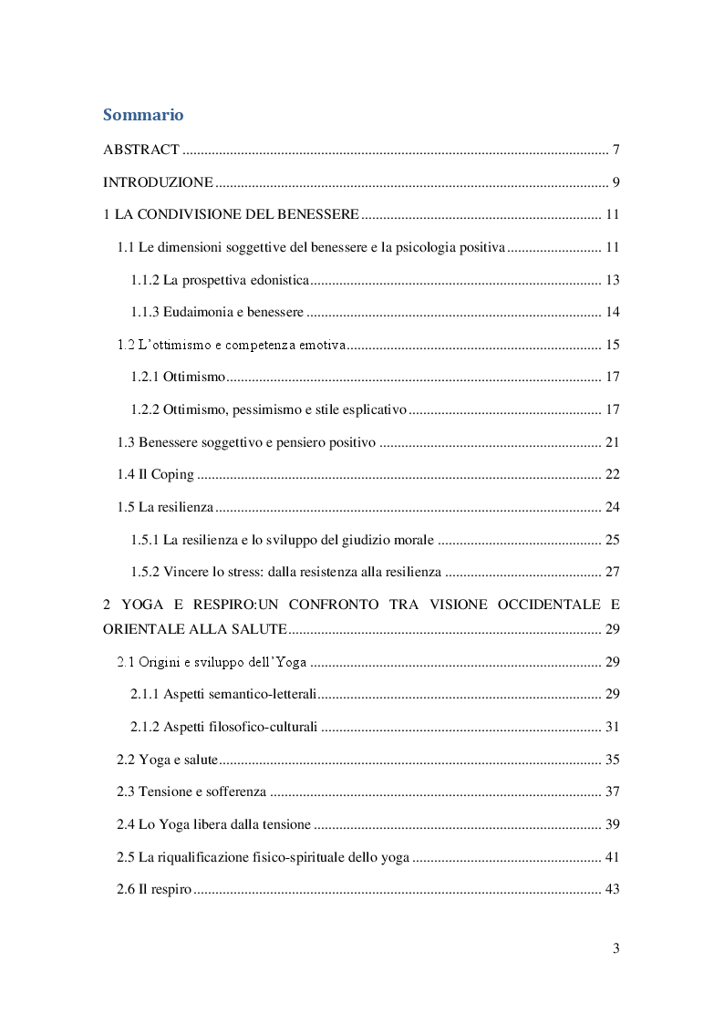Indice della tesi: Cambiamenti cognitivo-emotivi nella depressione, ansia e attacchi di panico nel percorso Sudarshan Kriya Yoga presso l'Ospedale Fatebenefratelli di Milano, Pagina 1