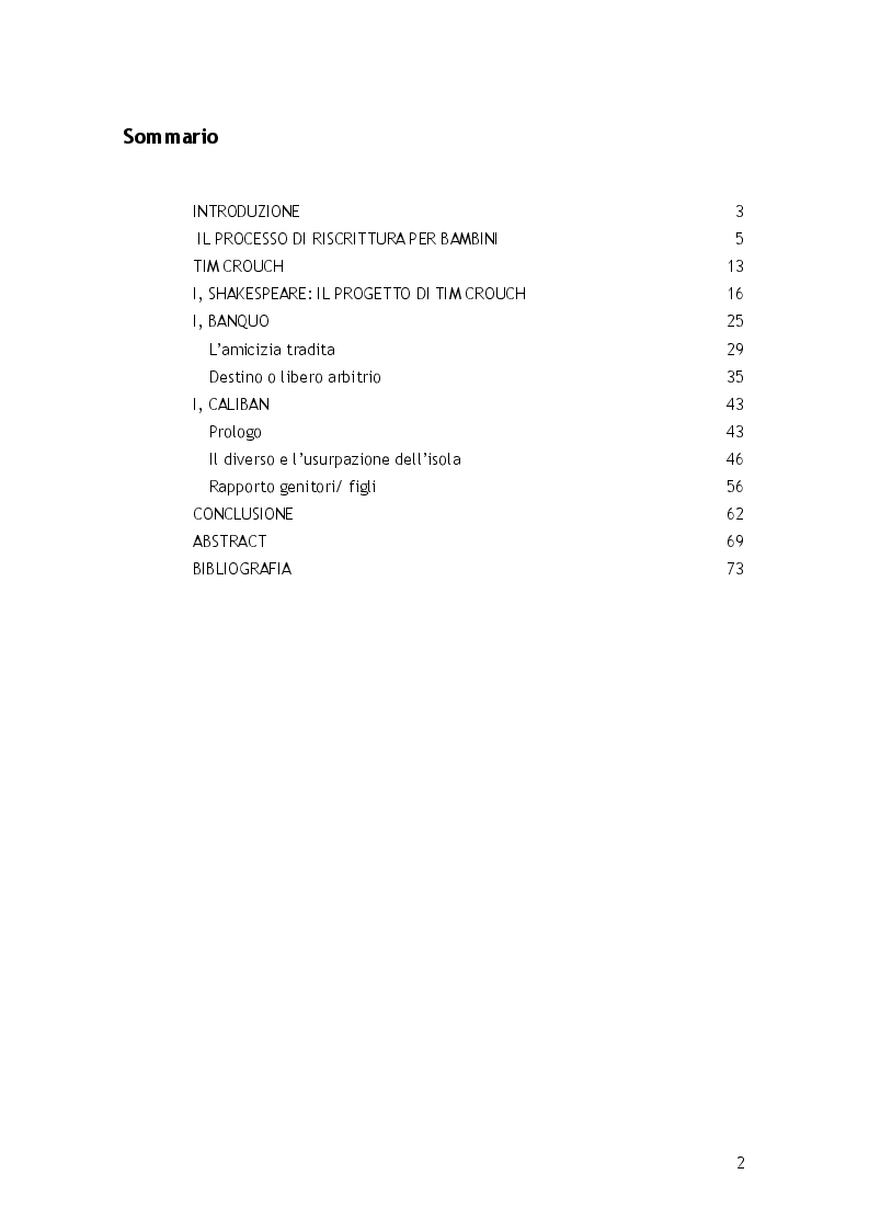 Indice della tesi: Gli Shakespeare per bambini di Tim Crouch, Pagina 1