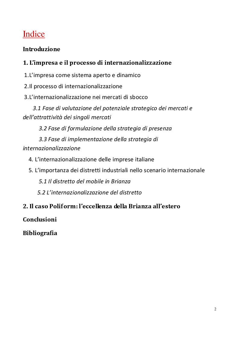 Indice della tesi: L'internazionalizzazione nel distretto industriale della Brianza. Il caso Poliform, Pagina 1