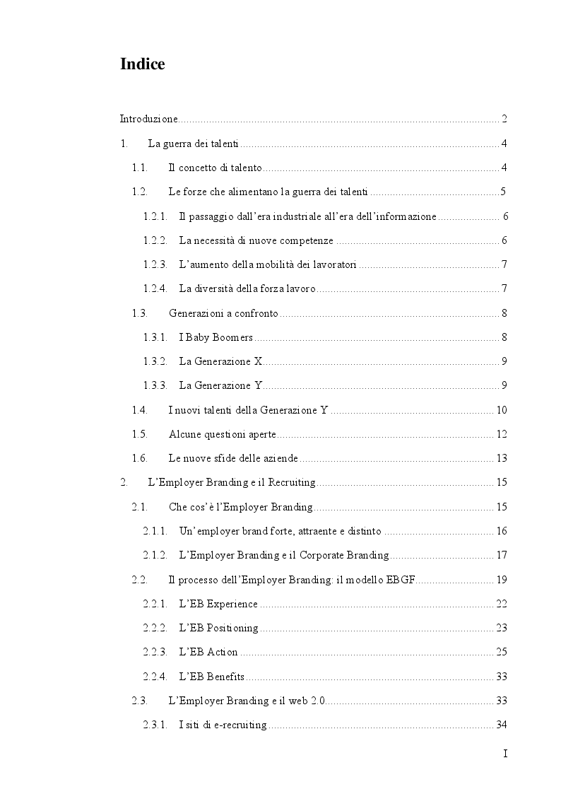 Indice della tesi: Le strategie di Employer Branding. Uno studio sulla generazione Y., Pagina 1