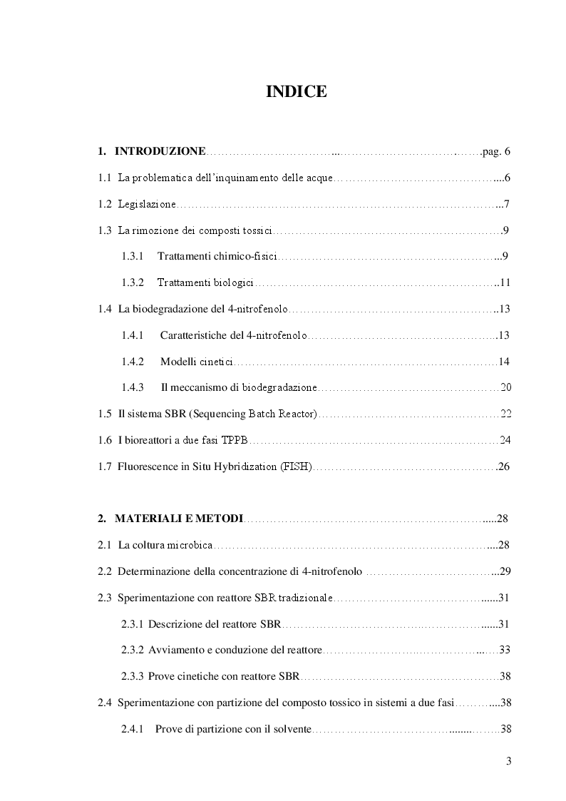 Indice della tesi: Reattori sequenziali a doppia fase per la rimozione biologica di composti xenobiotici. Caso di studio: 4-nitrofenolo., Pagina 1