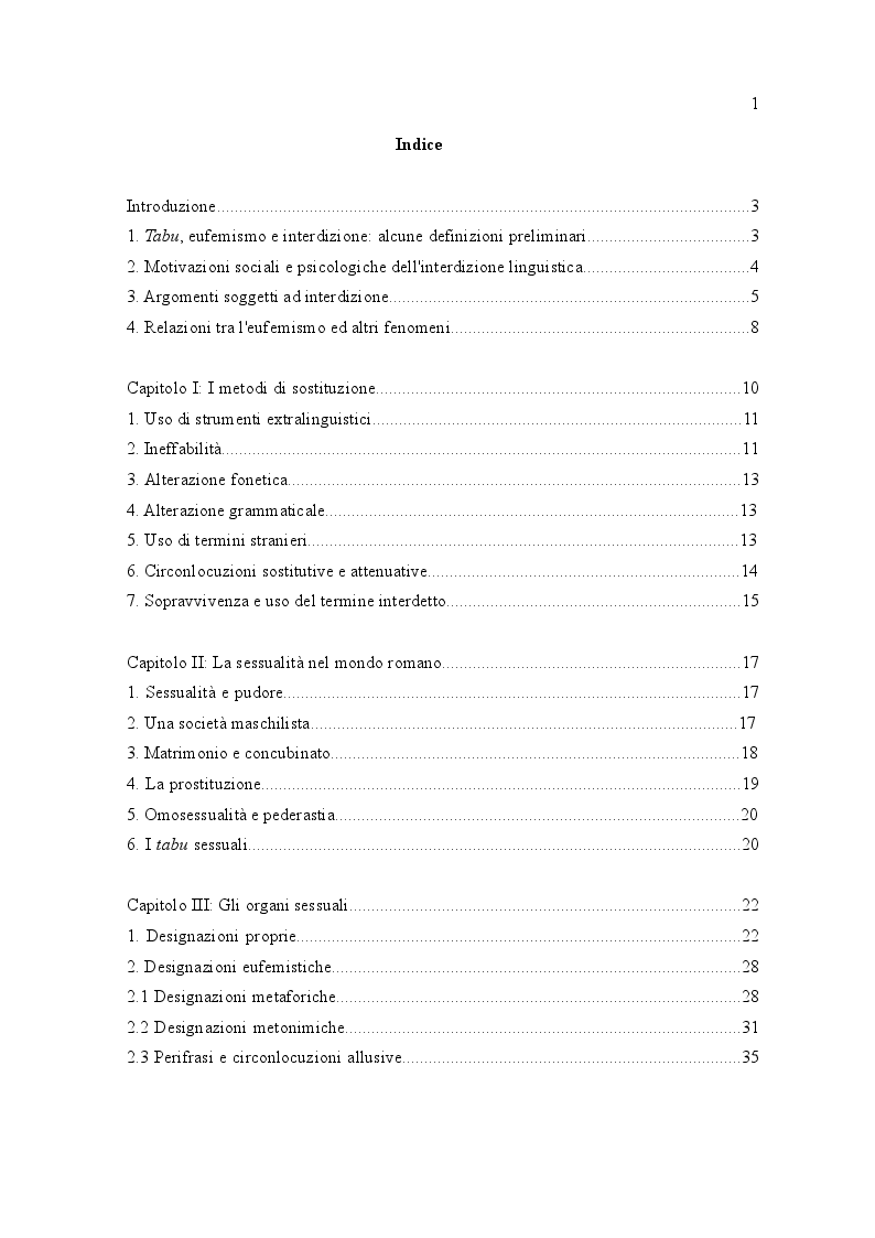 Indice della tesi: Interdizione verbale ed eufemismi nel mondo latino: il campo lessicale del sesso, Pagina 1