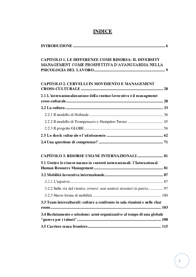 Indice della tesi: Diversity Management e diversità culturale: la gestione delle Risorse Umane Internazionali in un'azienda di dimensioni globali, Pagina 1
