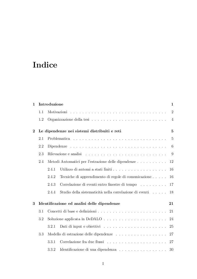 Indice della tesi: Metodi e meccanismi per l'individuazione e l'analisi delle dipendenze nei sistemi distribuiti, Pagina 1