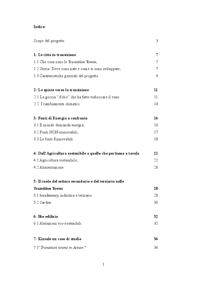Indice della tesi: La Sfida delle Transition Towns: un approccio alternativo alla gestione del territorio, Pagina 1
