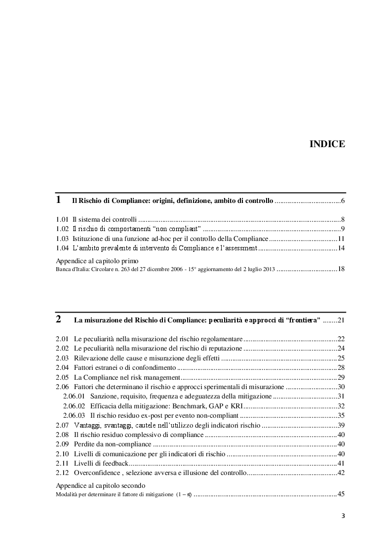 Indice della tesi: Indicatore chiave del rischio residuo di compliance: progettazione e casi di studio in campo bancario, Pagina 1