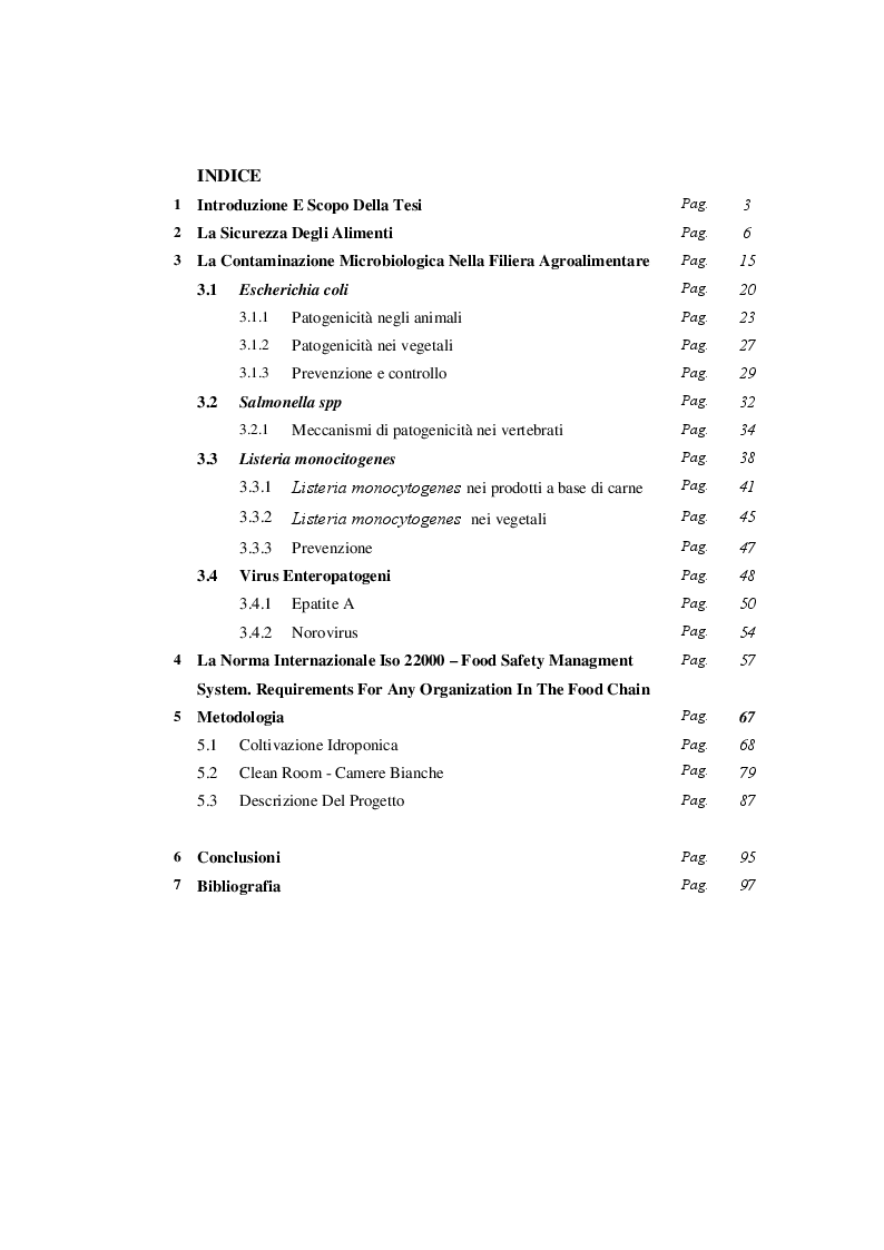 Indice della tesi: Patogeni emergenti e ruolo nelle malattie alimentari. Definizione di un impianto sperimentale per la coltivazione di materiale vegetale in condizioni asettiche controllate., Pagina 1