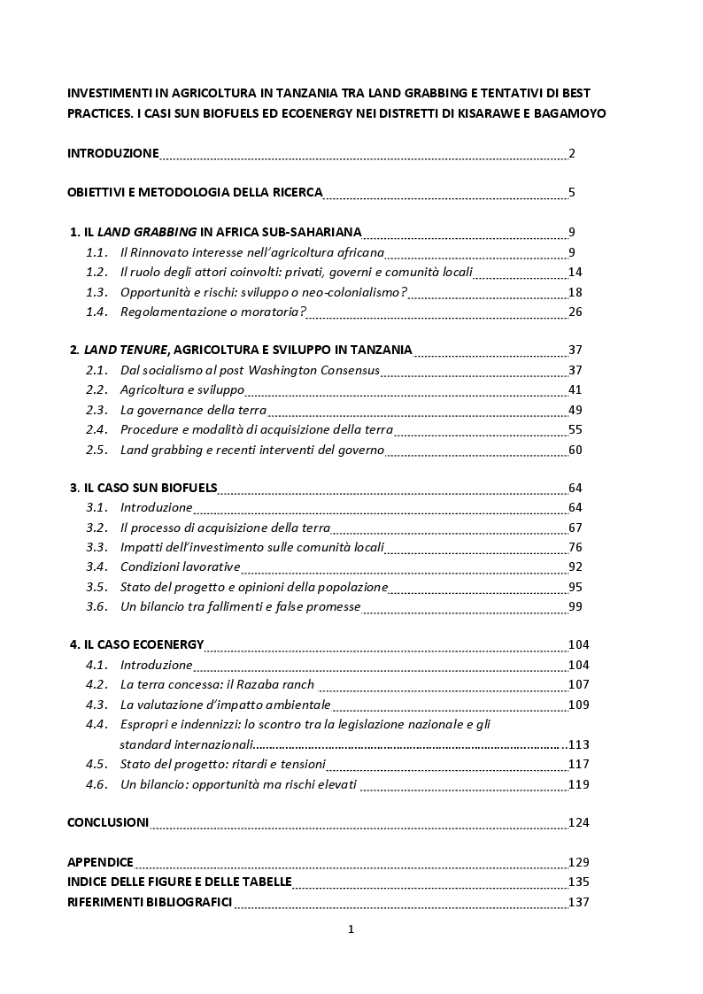 Indice della tesi: Investimenti in agricoltura in Tanzania tra land grabbing e tentativi di best practices. I casi Sun Biofuels ed Ecoenergy nei distretti di Kisarawe e Bagamoyo, Pagina 1