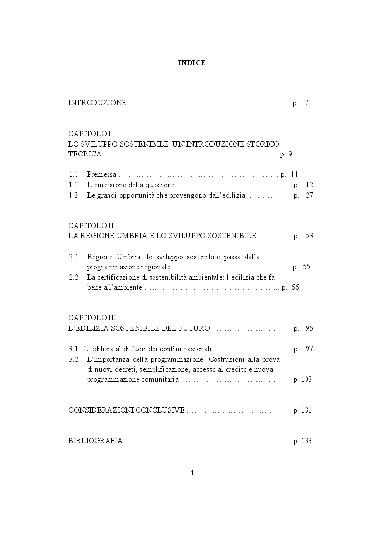 Indice della tesi: Sviluppo sostenibile ed edilizia. Il caso dell'Umbria, Pagina 1