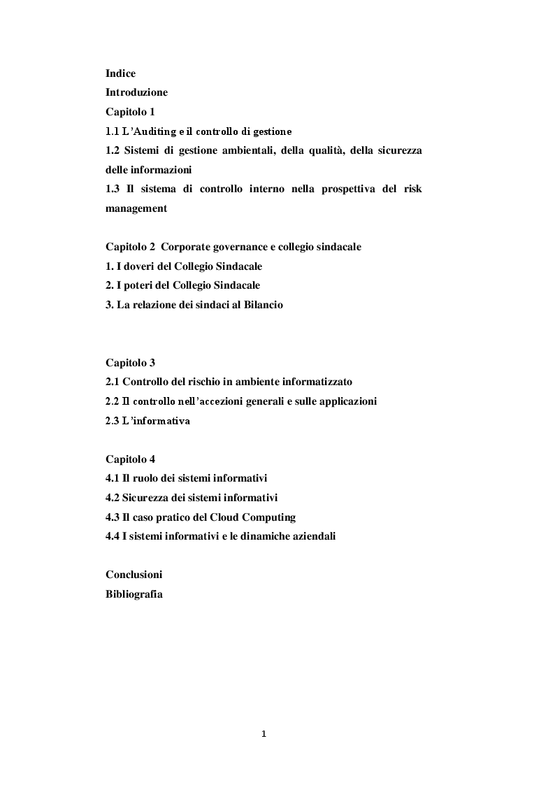 Indice della tesi: Il controllo interno dell'informativa societaria in ambiente informatizzato, Pagina 1