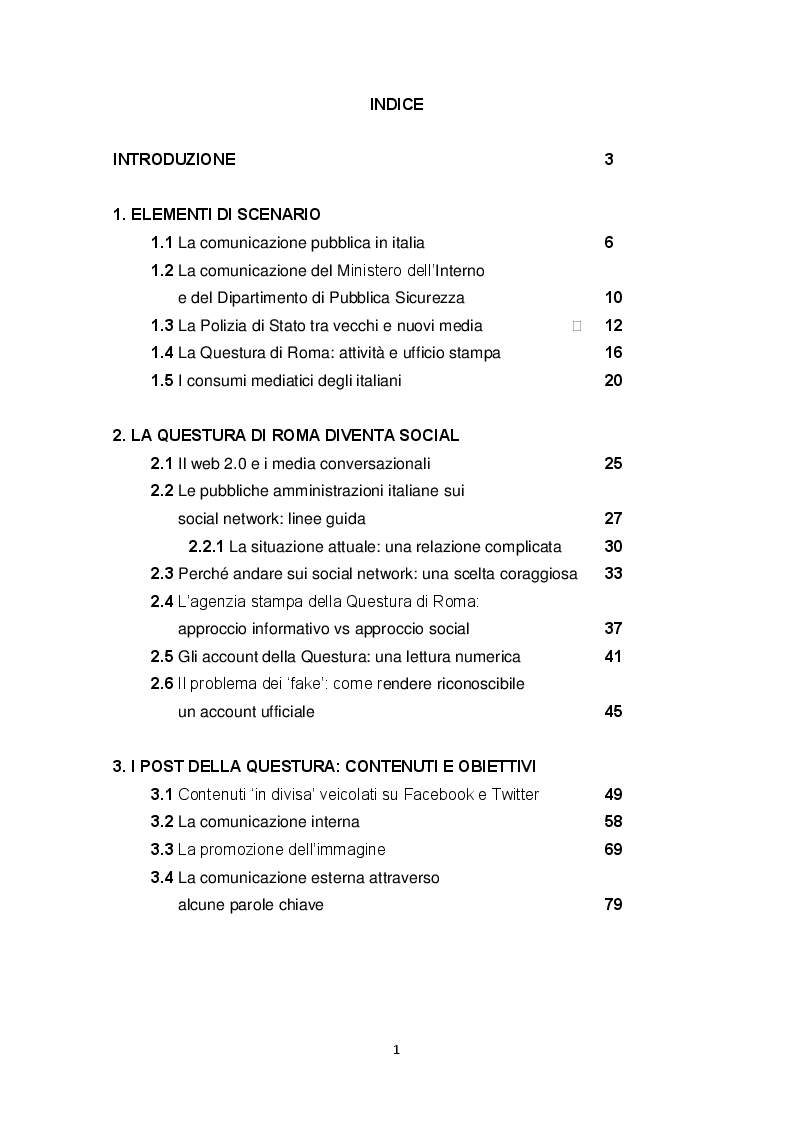 Indice della tesi: Comunicazione pubblica e forze dell'ordine: la Questura di Roma dall'ufficio stampa ai social network, Pagina 1