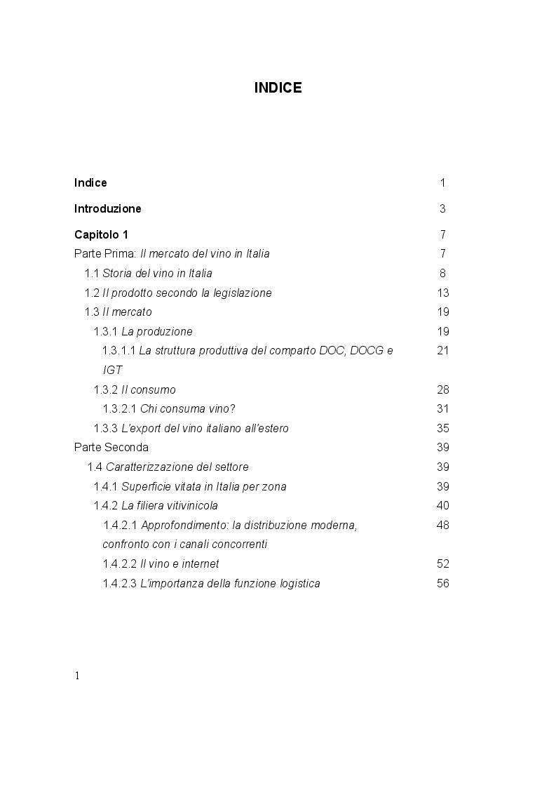 Indice della tesi: La determinazione del prezzo del vino: il caso del distretto delle Langhe, Pagina 1