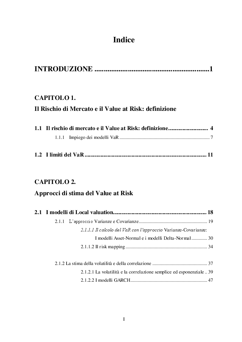 Indice della tesi: Il Value at Risk: metodologie, applicazioni e un caso empirico, Pagina 1