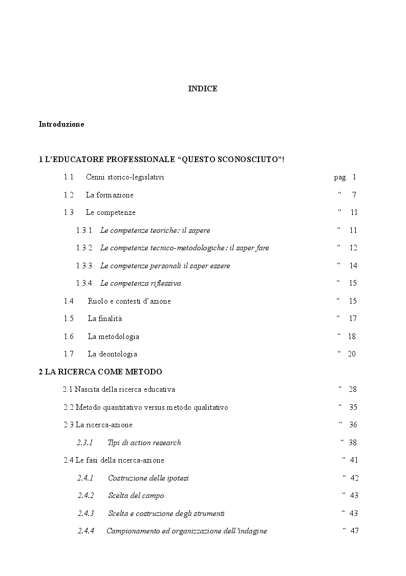 Indice della tesi: L'educatore professionale tra speculazione e ricerca, Pagina 1
