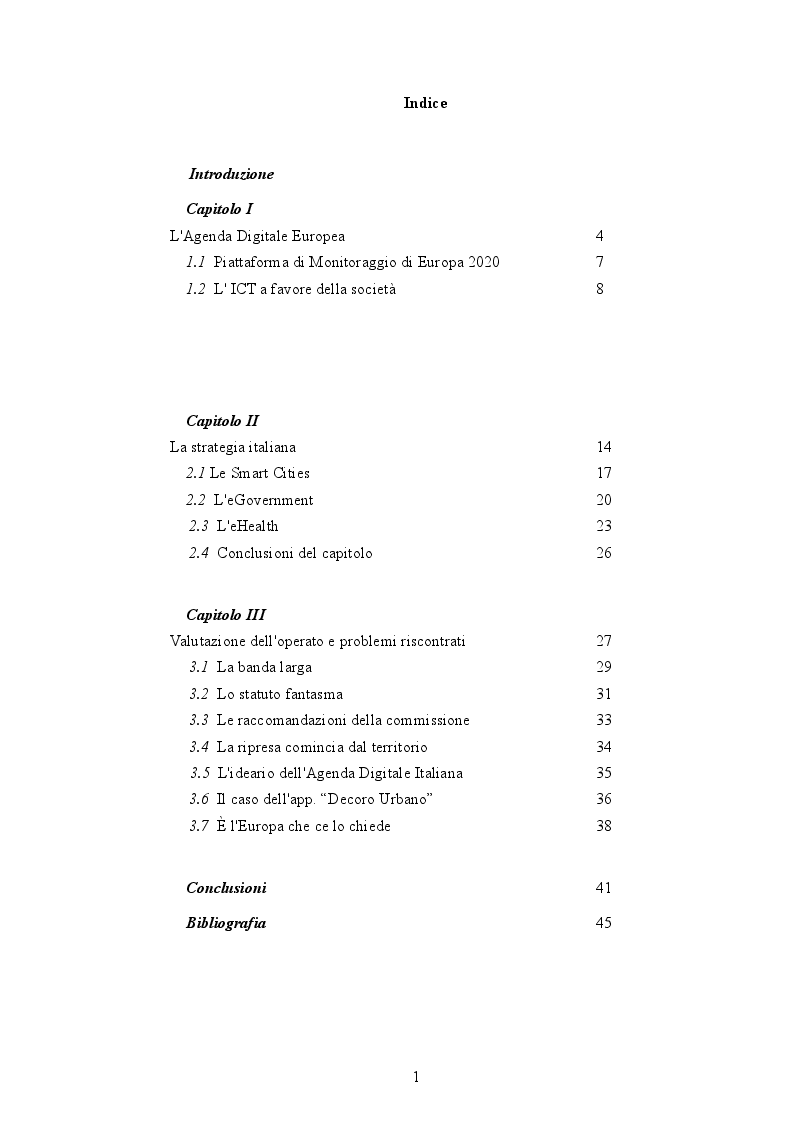 Indice della tesi: L'Agenda Digitale Europea: il caso italiano tra strategie e criticità, Pagina 1