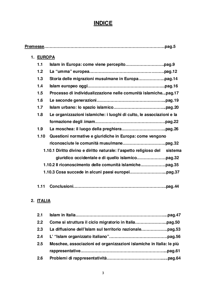 Indice della tesi: Viaggio fra le comunità musulmane dall'Europa a Modena. Come si organizzano e che rapporti instaurano con il territorio., Pagina 1