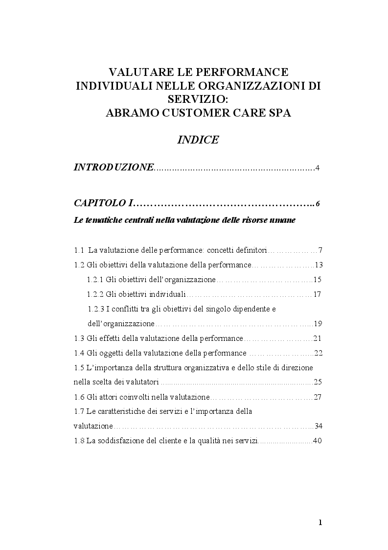 Indice della tesi: Valutare le performance individuali nelle organizzazioni di servizio: Abramo customer care spa, Pagina 1