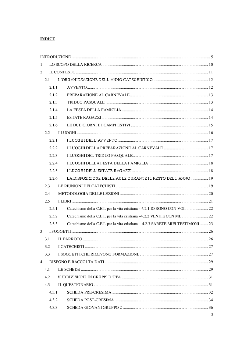 Indice della tesi: Valutare le azioni di catechesi parrocchiale. Uno studio esplorativo, Pagina 1