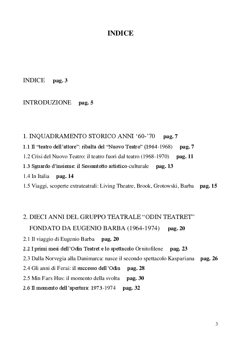 Indice della tesi: Teatri fuori dal teatro. L'Odin Teatret e l'esperienza del ''baratto'' in un paese del Salento., Pagina 1