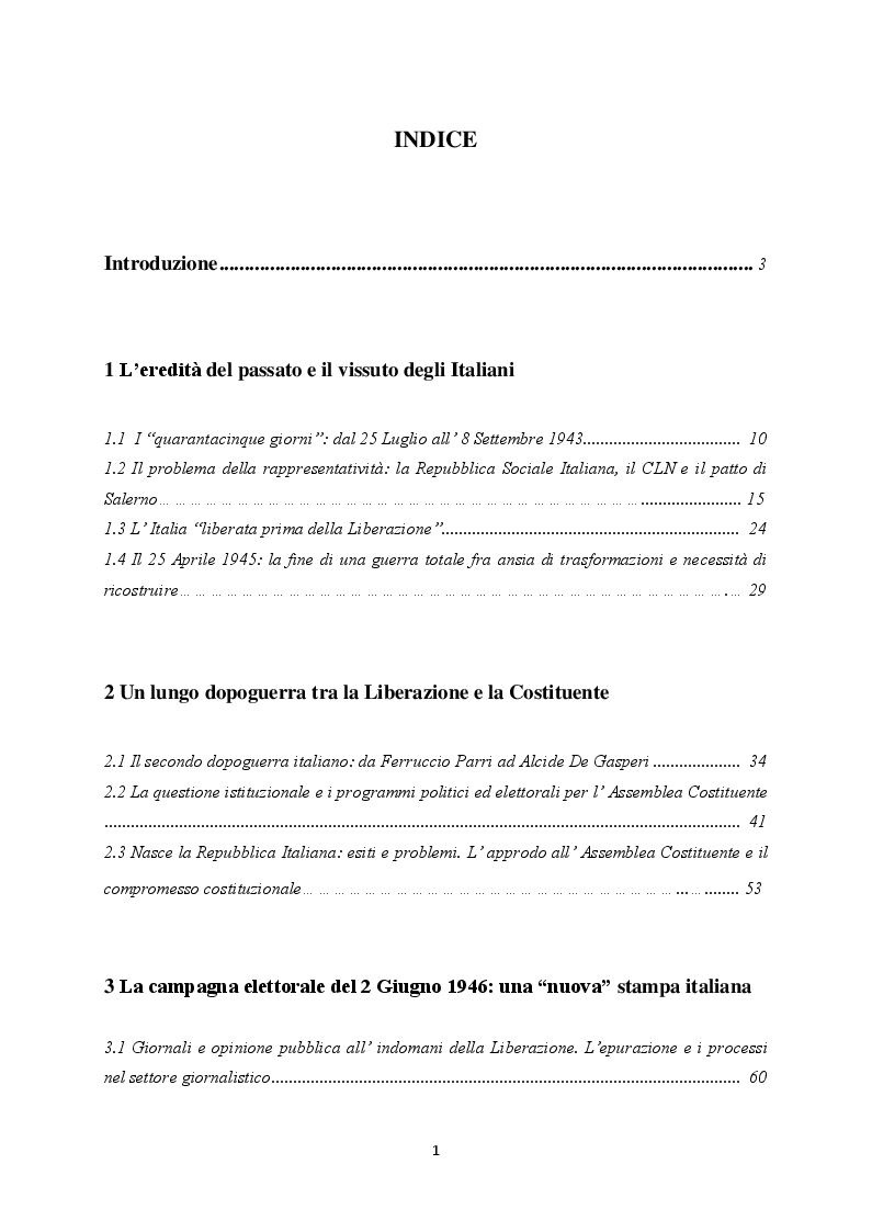 Indice della tesi: ''Monarchia o Repubblica''. Il referendum istituzionale nella stampa italiana e abruzzese del 1946, Pagina 1