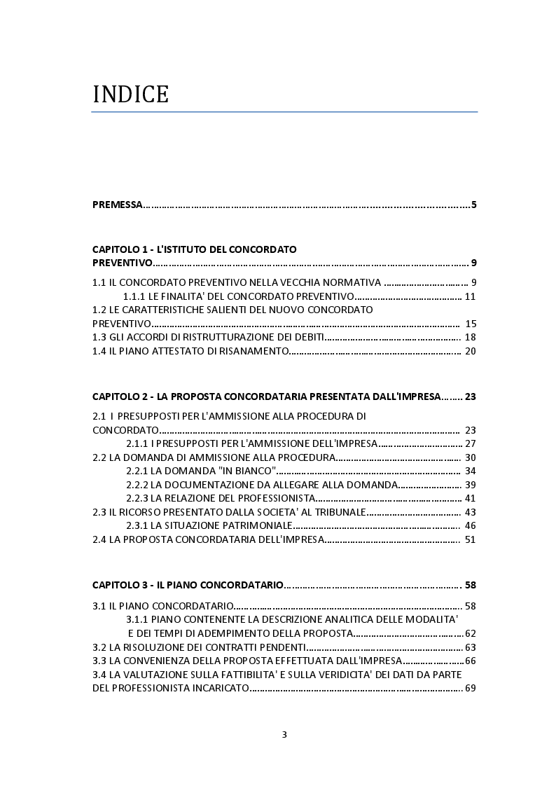 Indice della tesi: Profili critici del concordato preventivo proposto da un'impresa operante nel settore edilizio, Pagina 1