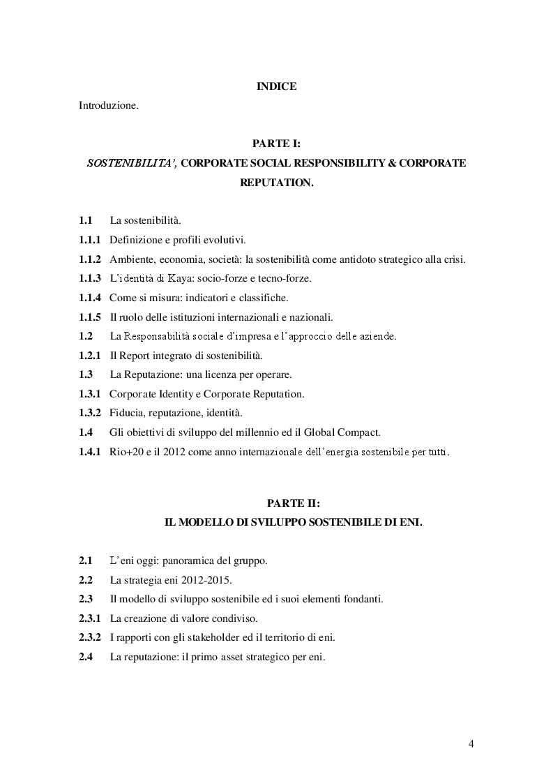 Indice della tesi: Il ruolo strategico della CSR e della Corporate Reputation. Il caso Eni in Africa, Pagina 1