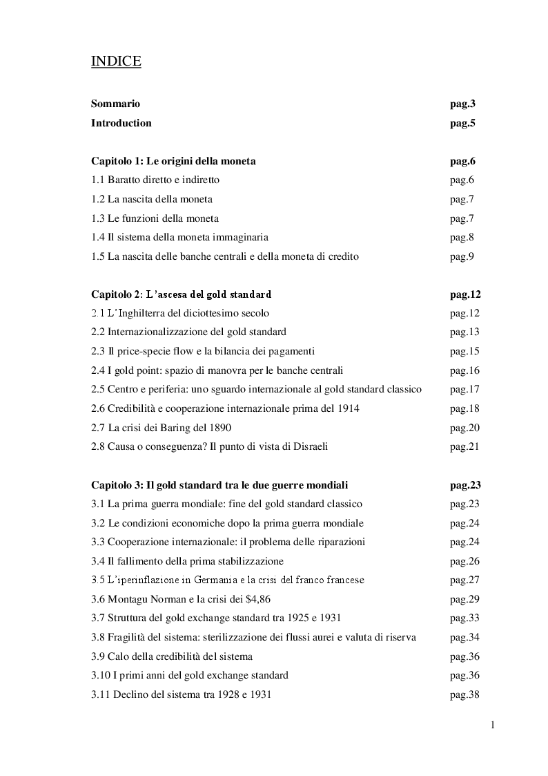 Indice della tesi: Il gold standard: storia della convertibilità aurea della moneta 1821-1971, Pagina 1